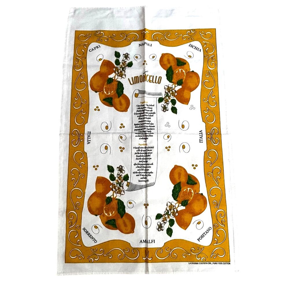 Limoncello large white tea towel 100% cotton kitchen decor yellow lemons recipes